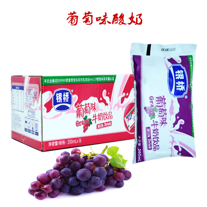 银桥酸奶乳酸菌饮品整箱便宜批发牛奶200ml. 3种混装16袋