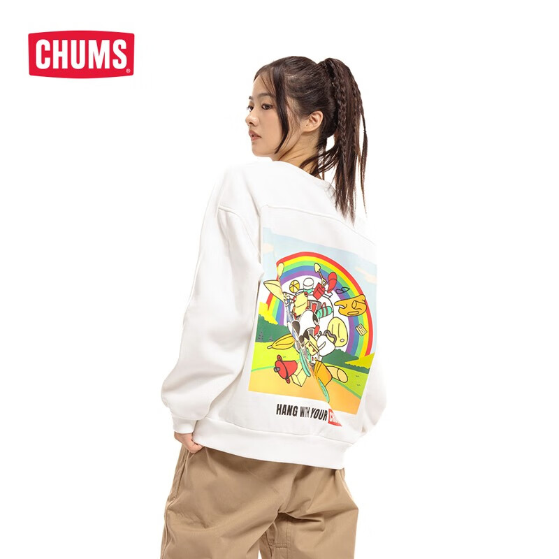 CHUMS洽洽鸟 美式复古情侣款圆领印花宽松加绒保暖卫衣CH00-1355 白色W001 XS