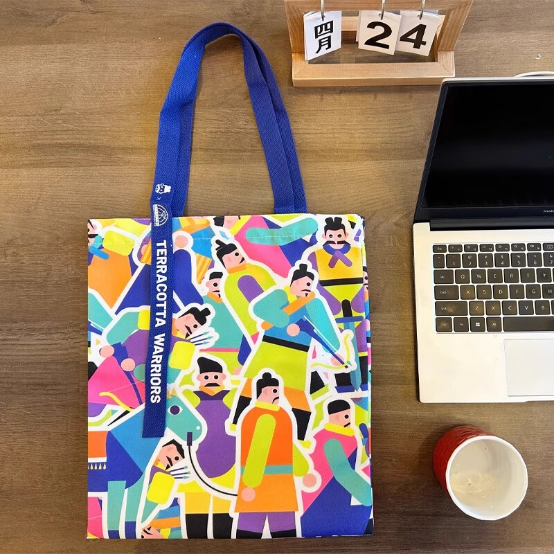 秦始皇兵马俑博物馆西安文创几何兵马俑帆布袋时尚手拎礼品包包礼物旅行手提袋帆布包 彩色-几何兵马俑帆布包-竖版