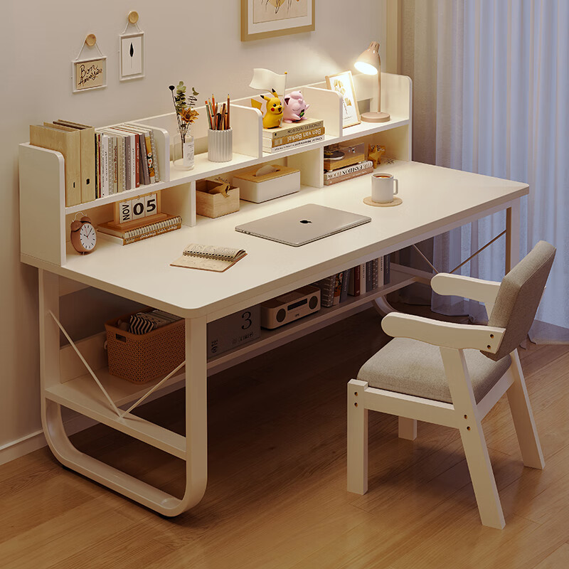 悦美妙电脑桌台式简易书桌书柜书架一体写字桌子家用办公工作学习桌 【单桌款】暖白色140*60cm