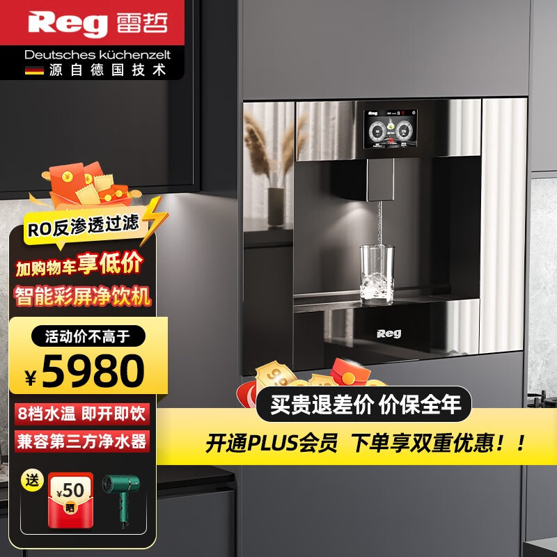 雷哲（Reg） V200嵌入式饮水机RO反渗透净水器家用即热式直饮机智能彩屏操作界面净饮一体机 V200嵌入式饮水机