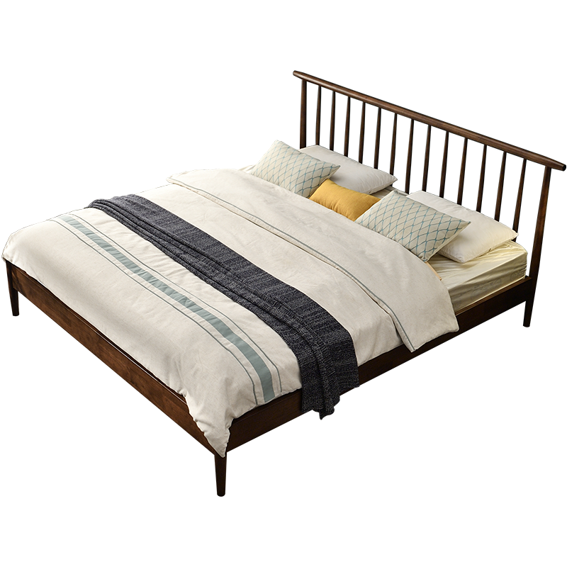 家逸北欧实木床1.8米双人婚床现代简约1.5米单人床卧室家用经济型 胡桃色1800*2000mm
