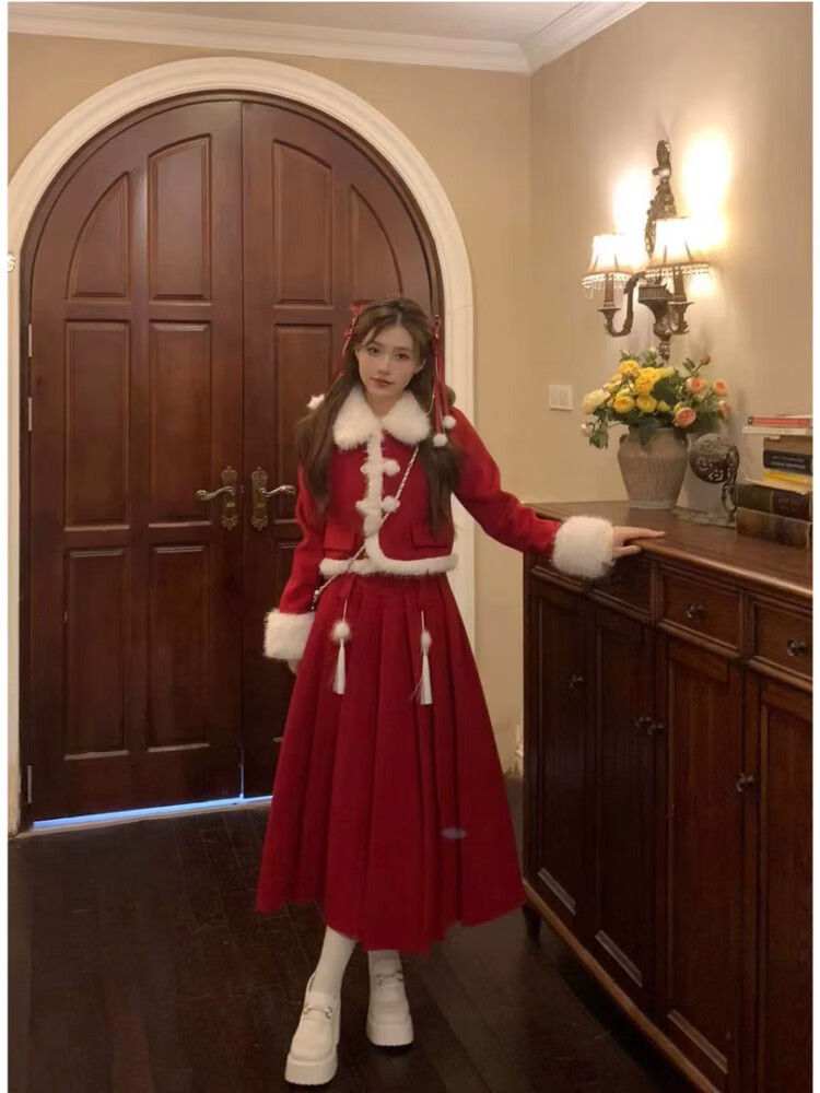 语伊连衣裙国潮红色小香风套装女法式富家千金子秋冬季 红色套装 s