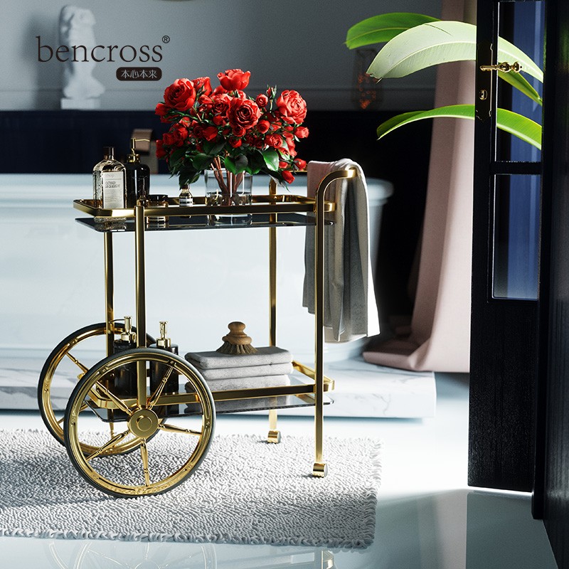 bencross多层落地浴室置物架创意卫生间铁艺收纳储物架带轮小推车 黑色+金色