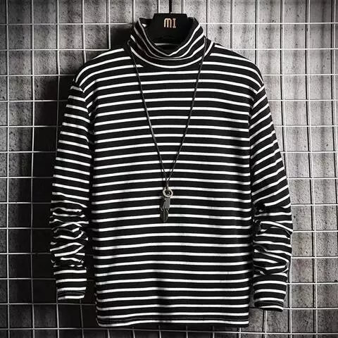 恺吉锐黑白条纹t恤男潮流韩版修身斑马线体恤高领长袖打底衫 高领条纹
