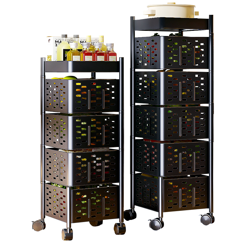 水天一方 厨房旋转置物架落地式多层蔬菜篮子水果收纳筐储物架可移动小推车 4层经典黑【升级磁吸免安装】