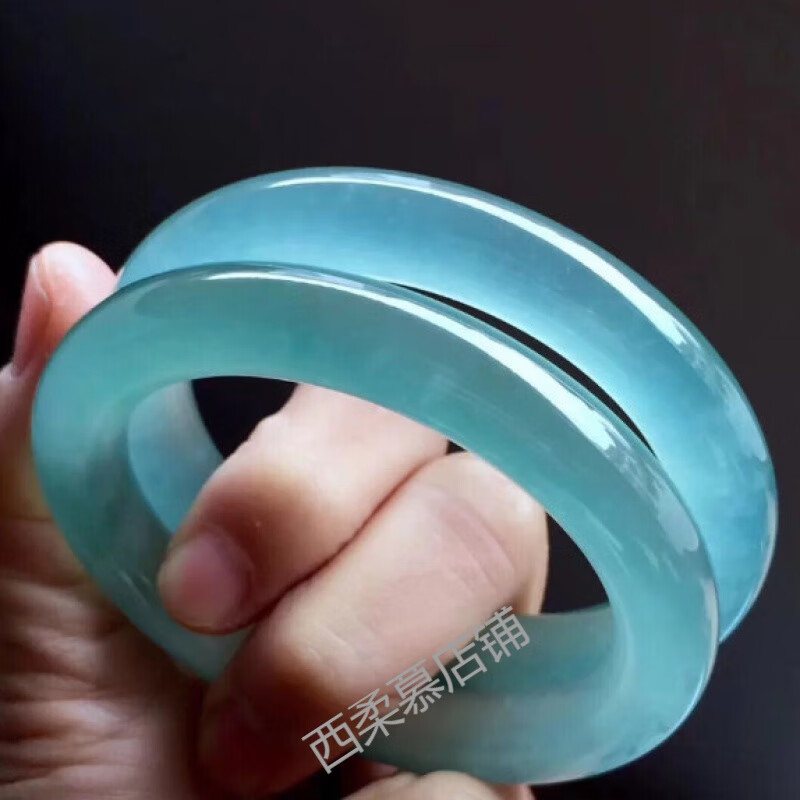 蝶灿 翡翠伴生冰种水沫玉手镯圆条蓝水漂花玉镯扁环蓝花石英岩新款全