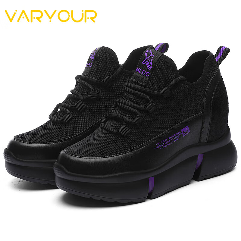 VARYOUR内增高老爹鞋运动女秋季2024年春秋新款百搭旅游休闲鞋黑色厚底鞋 黑红 37