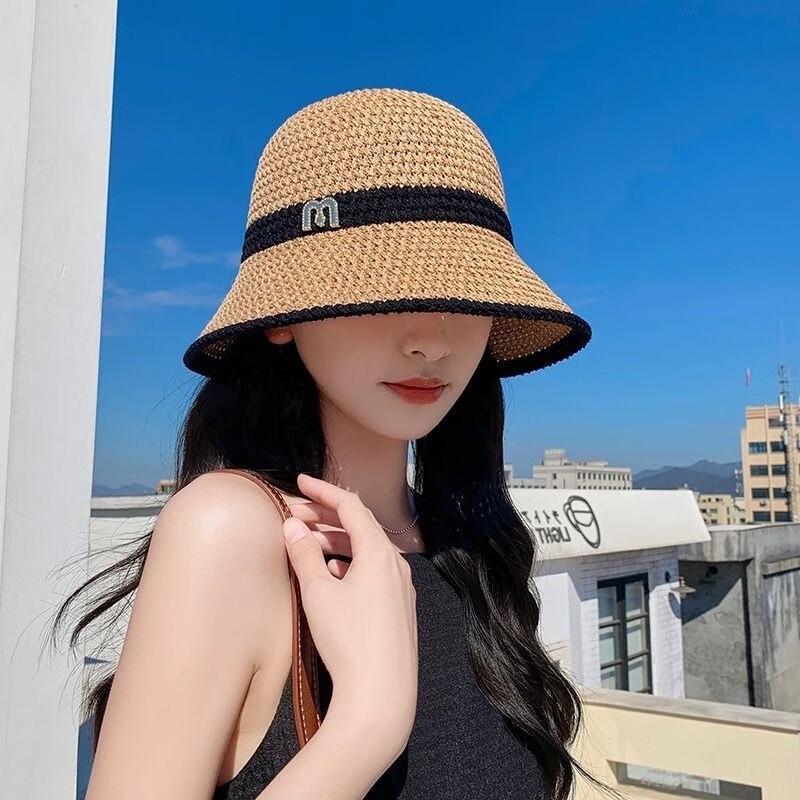 梵美琳帽子女春秋韓版新款防曬遮陽帽可折疊漁夫帽鏤空透氣水桶帽子 卡其色 可調(diào)節(jié)