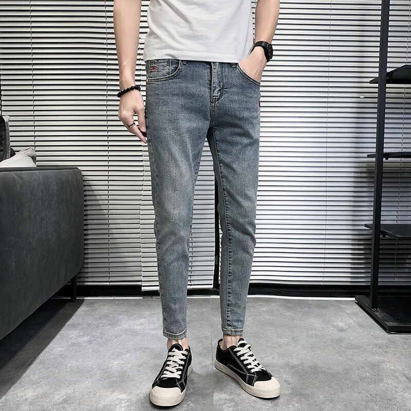 古莱登浅色牛仔裤小码潮流修身男士小脚百搭裤子26号27码矮小个子九分