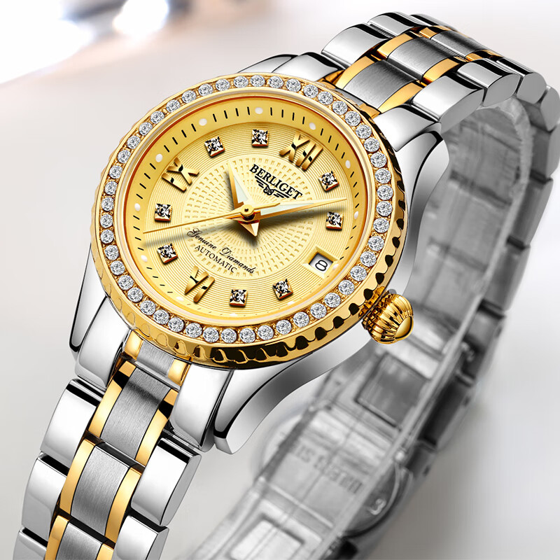 宝丽爵(berliget)情侣手表全自动机械表男表金色时尚商务情侣表一对