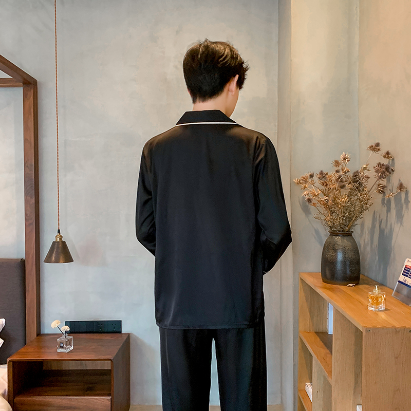 萧淑妃 两套价 新款仿真丝情侣睡衣春秋季纯色简约休闲可外穿男女士薄款冰丝绸开衫家居服套装 典雅黑 女生XL码+男生L码