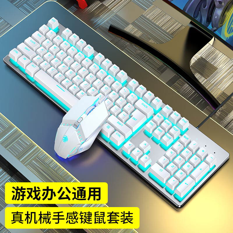 前行者（EWEADN）GX300真机械手感键盘鼠标套装游戏电竞有线台式电脑笔记本办公薄膜键鼠吃鸡外设 白色冰蓝光