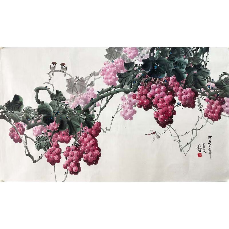 朝鲜花鸟国画一级画家尹清《在葡萄成熟的季节》客厅书房装饰收藏