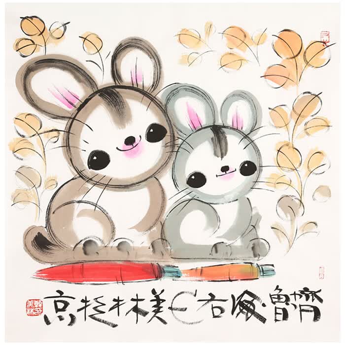 丹桂苑名家韩美林字画四尺斗方动物十二生肖兔手绘国画写意名人书画