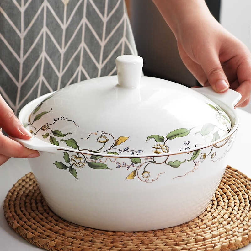 瓷秀源双耳汤碗单个家用陶瓷面碗9英寸大号汤盆带盖品锅创意个性碗 双耳锅