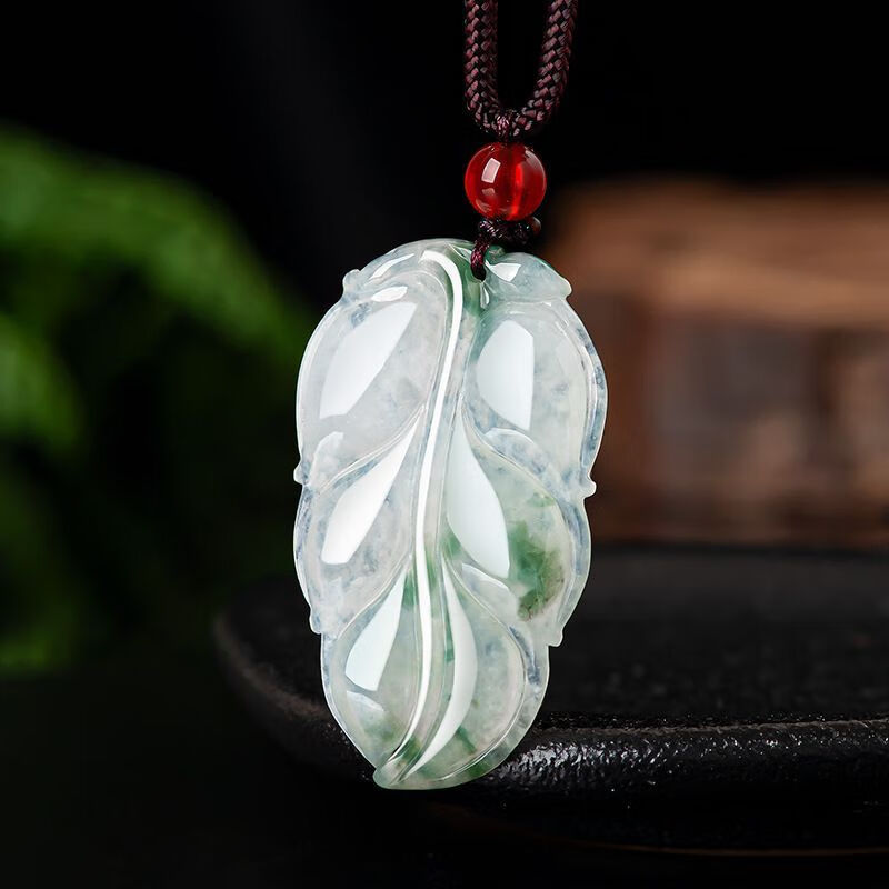 天然缅甸a货翡翠糯冰种飘花叶子吊坠树叶玉石挂件花项链男女款绳 翡翠