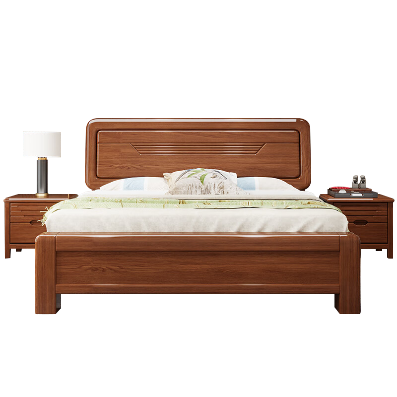 PXN 莱仕达 新中式胡桃木实木床1.8米双人床小户现代简约主卧婚床A02 1.5+柜1