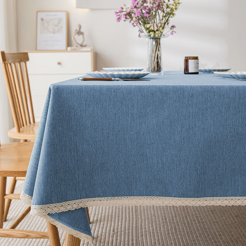 卟橡色桌布棉麻感防水防油免洗茶几布台布长方形餐桌布轻奢 石青色