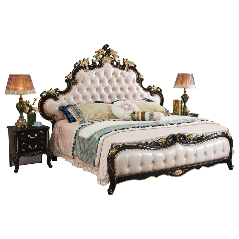 梦美斯宣 床 欧式实木床 真皮双人床新古典实木雕花卧室家具 大户型主卧1.8米床 精品家具 C819 一床两柜