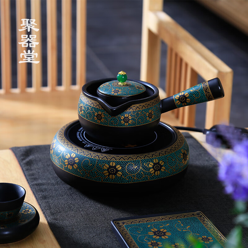 聚器堂 復(fù)古黑陶大號(hào)容量養(yǎng)生熬中藥陶瓷壺電陶爐中式家用煮茶壺 老段燒大喬側(cè)把煮茶壺