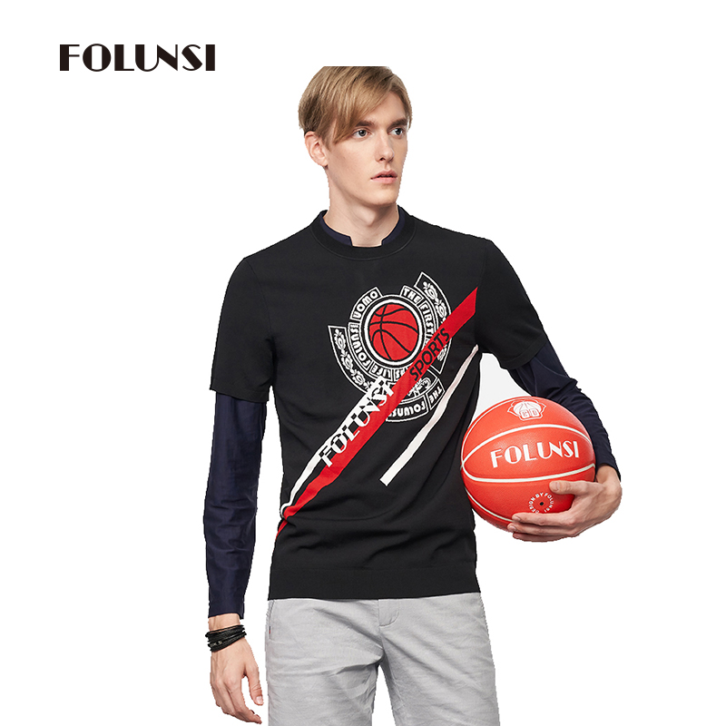 佛伦斯(folunsi)男装夏季舒适休闲黑底色篮球系列图案圆领男士针织