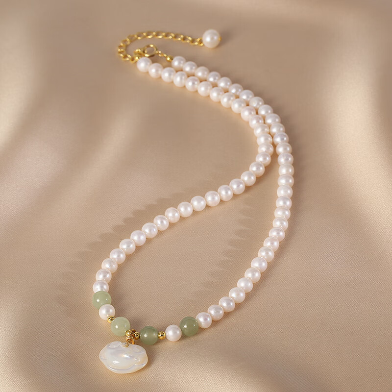 仙来阁吉祥如意平安锁项链女轻奢小众和田玉珍珠锁骨链送妈妈母节礼物