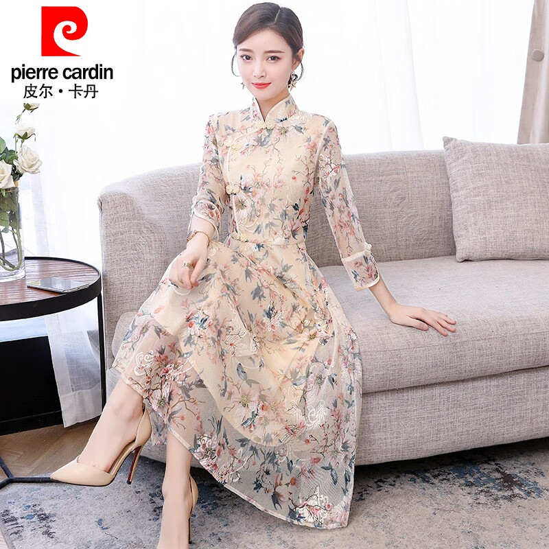 皮尔卡丹品牌夏季旗袍复古民族风2022春夏新款式刺绣连衣裙长袖长裙