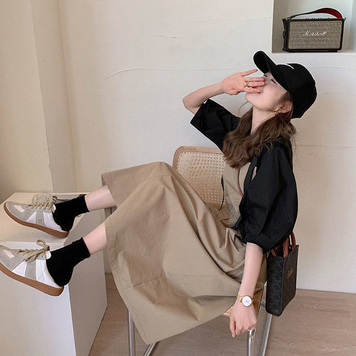 矮个子女生穿搭夏天遮肚子显瘦连衣裙2022新款背带裙套装女夏宽松韩版