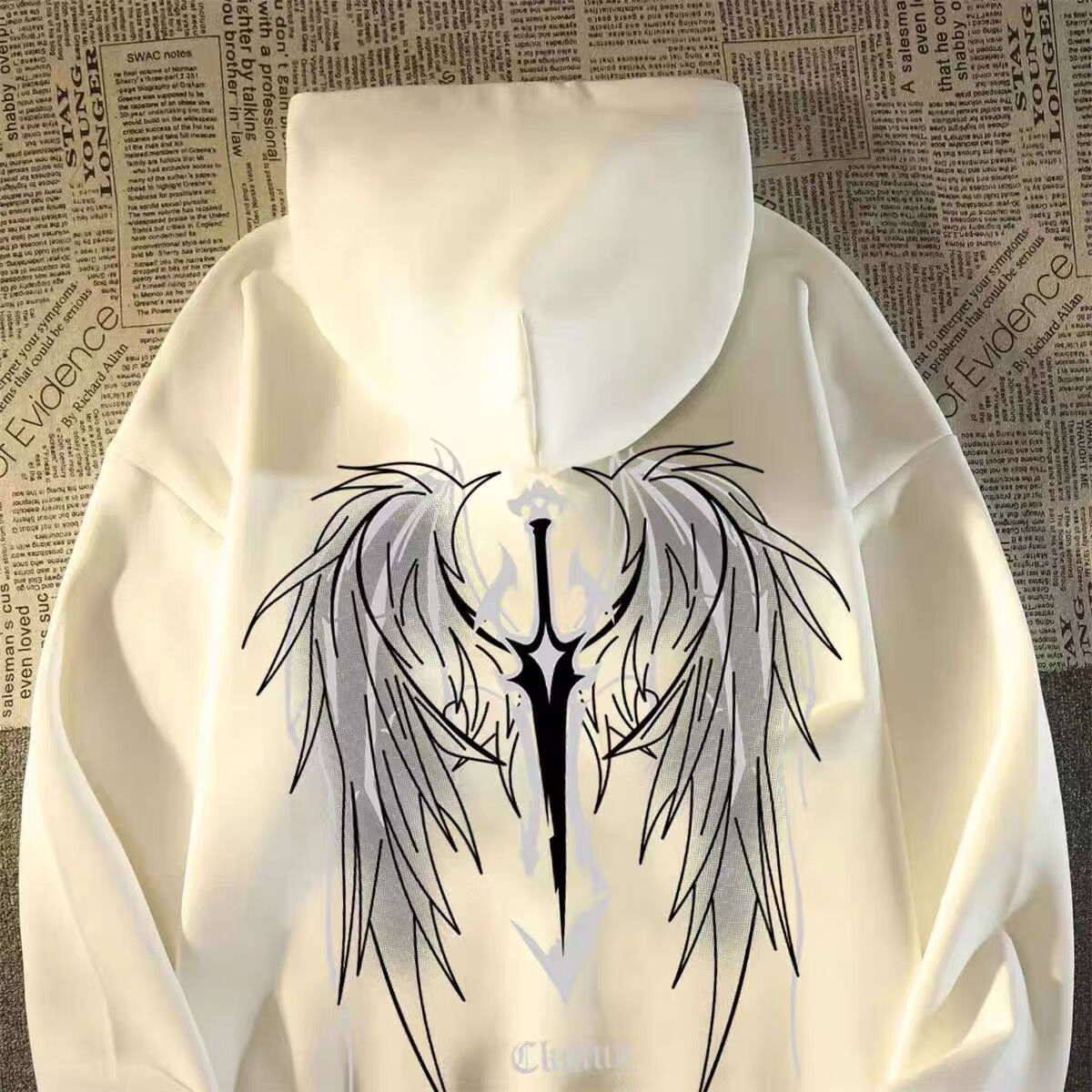 伐柯有带戴帽子的长袖卫衣男连帽衫秋冬季魔剑夜光恶魔翅膀印花潮流宽