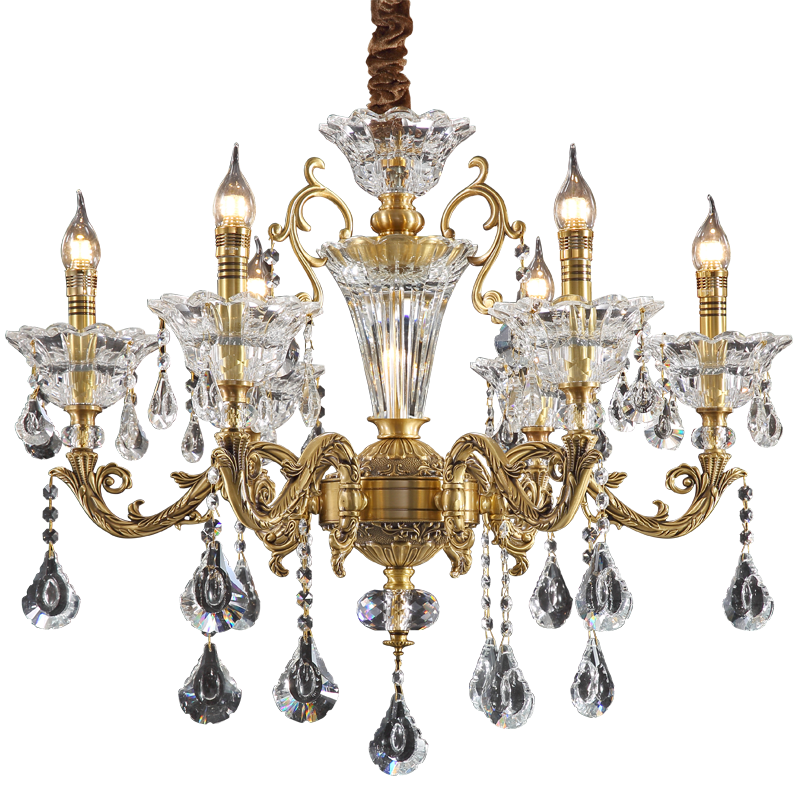 澳米歐式全銅客廳吊燈奢華大氣簡歐餐廳純銅輕奢水晶別墅臥室燈具 6頭水晶罩