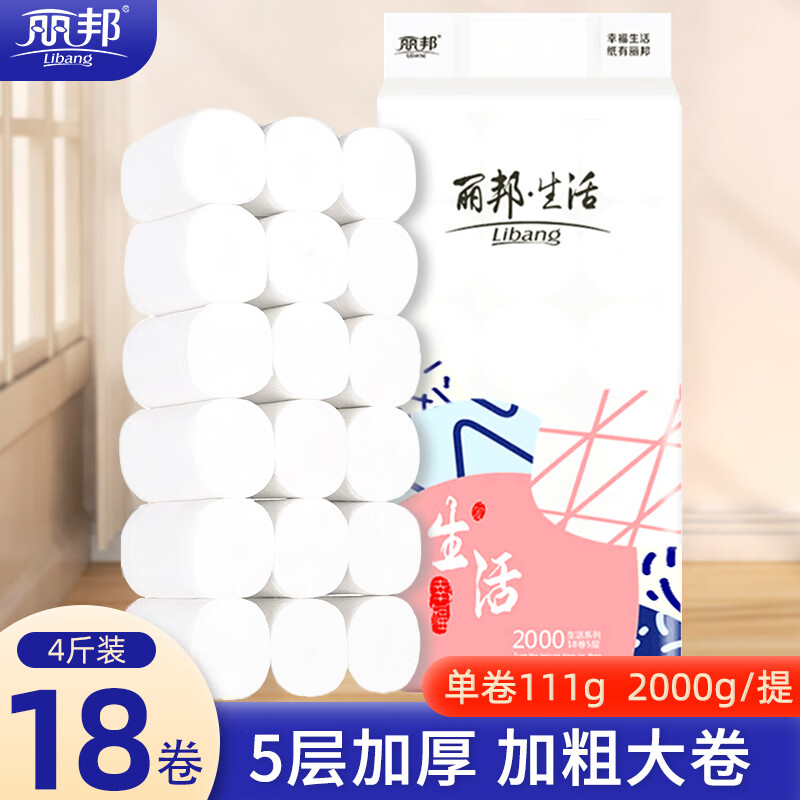 丽邦生活 无芯卷纸5层加厚卷筒纸厕纸卫生纸擦手纸大卷纸巾 2000克18卷