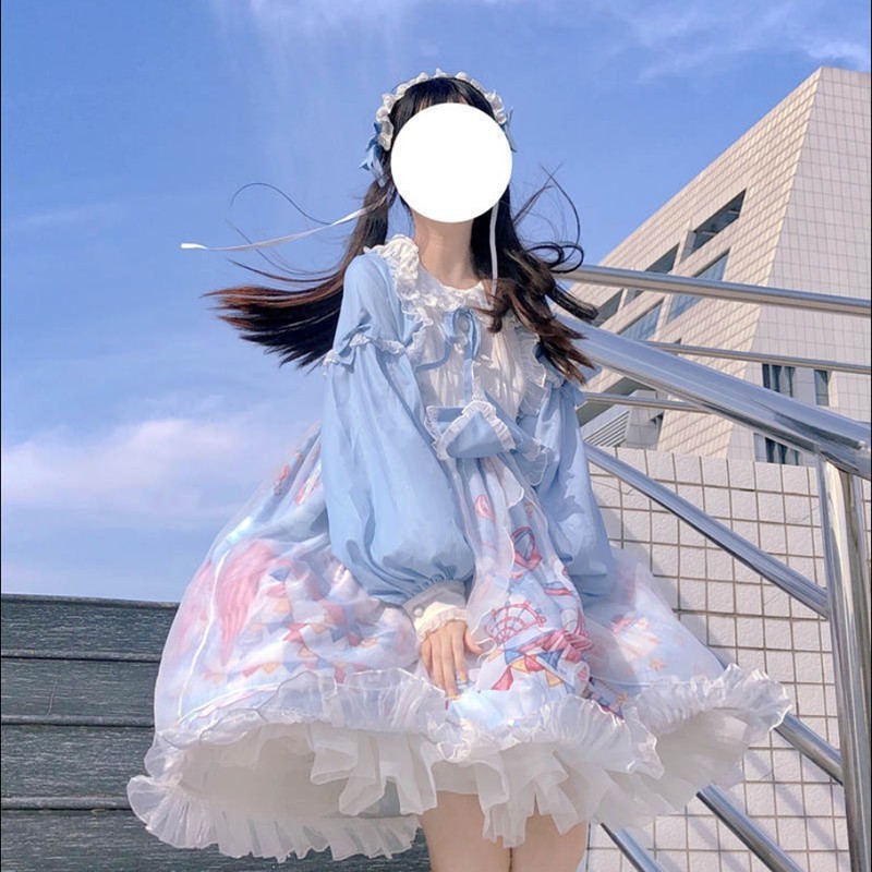唐努乌洛丽塔op仙女裙可爱lolita裙少女学生韩版萌 浅蓝色op m【90