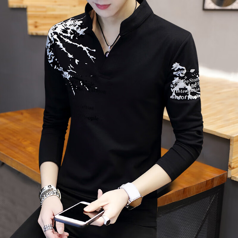 t恤春秋季男青年修身立领秋装纯棉体恤潮流男士韩版小衫体恤 t197黑色