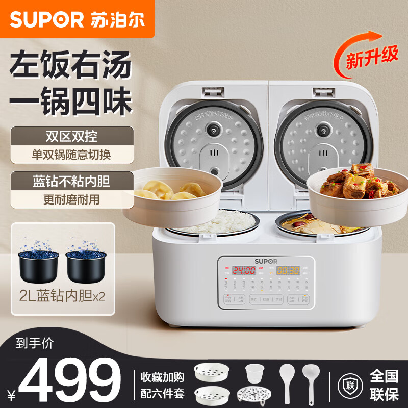 苏泊尔（SUPOR）双胆电饭煲一体双拼家用4L多功能智能煲汤蒸煮迷你小型预约微压全自动双控 电饭锅 SF20TC601 双胆双控 2L 4L 自由切换