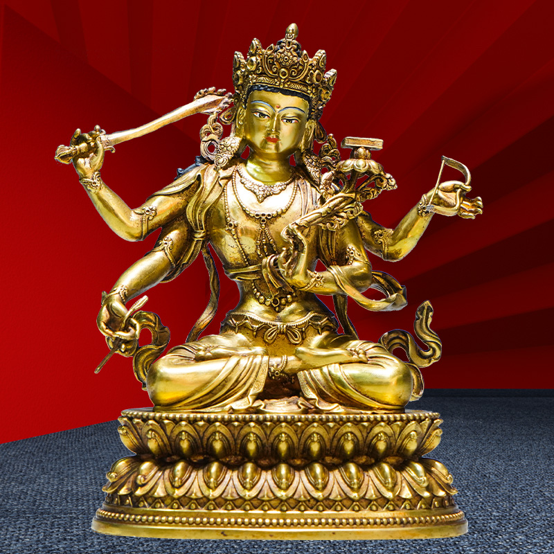 三漫陀尼泊尔工艺四臂文殊菩萨佛像19cm西藏全铜文殊师利菩萨佛像 四