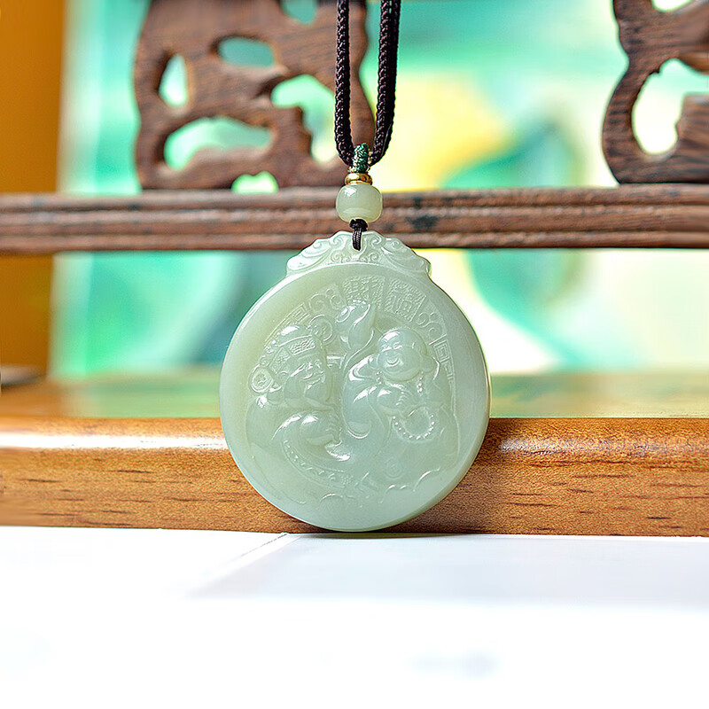 赵禄新疆和田玉人财两旺吊坠男士玉牌双面雕刻挂件玉佩生日礼物