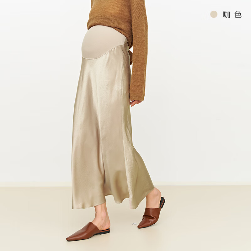 Sellynear孕婦半身裙春夏新款時尚高級感醋酸緞面斜裁托腹半裙 咖色 L