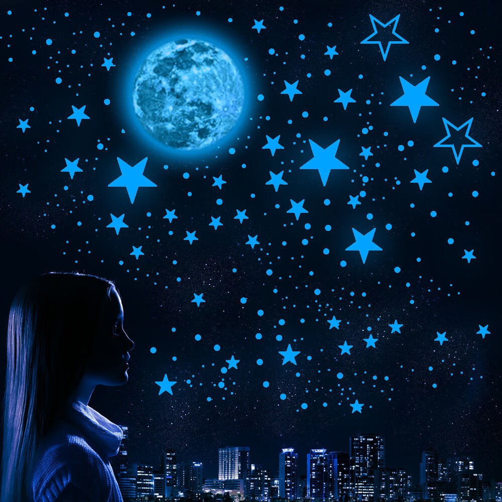 嘉际 30CM夜光月球发光星星创意荧光墙贴儿童房装饰品卡通星空贴纸自粘 (蓝色光)1月亮+435个星星圆点_30CM月球 大