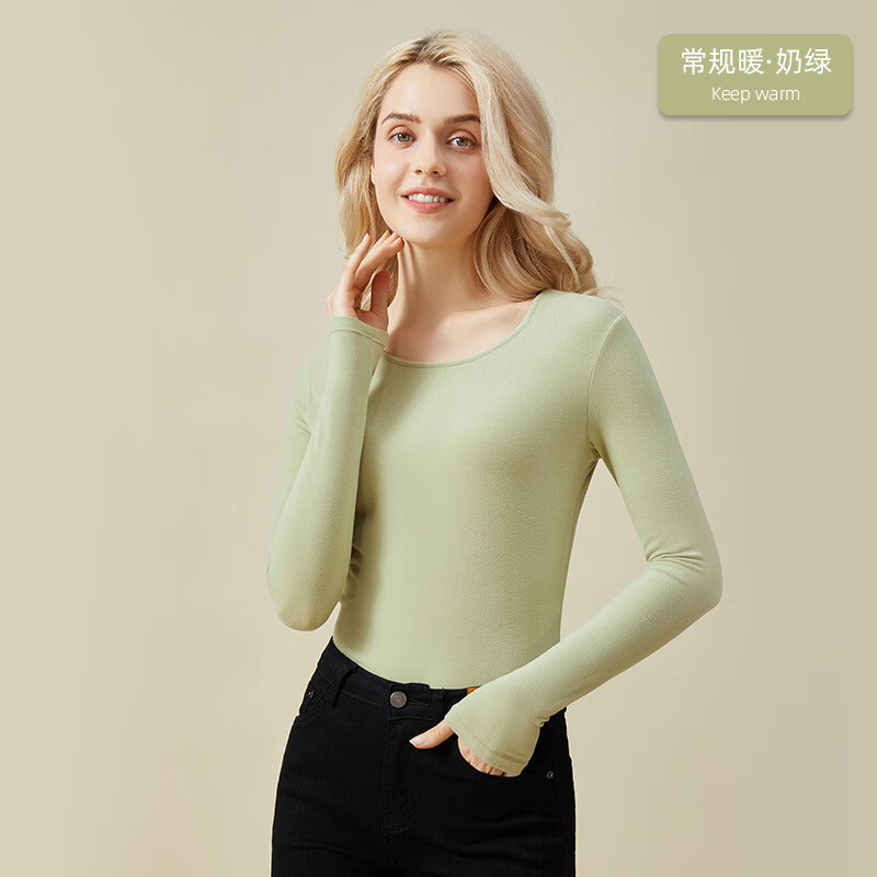 佧森滋德绒轻薄打底衫女式弹力保暖内衣上衣圆领长袖T恤薄款 奶绿 S建议80-100斤