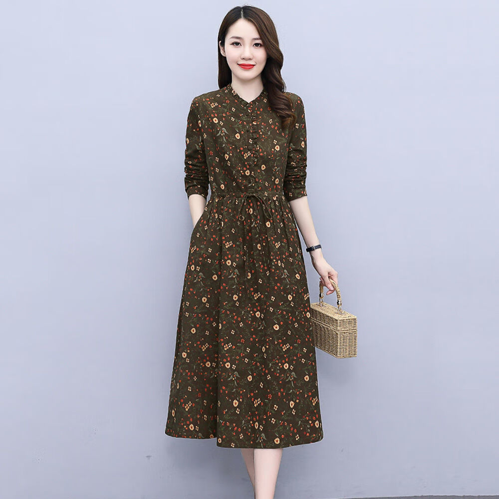 纤晟伊高档碎花棉麻连衣裙2021春秋新款中年装宽松遮肉显瘦中长款