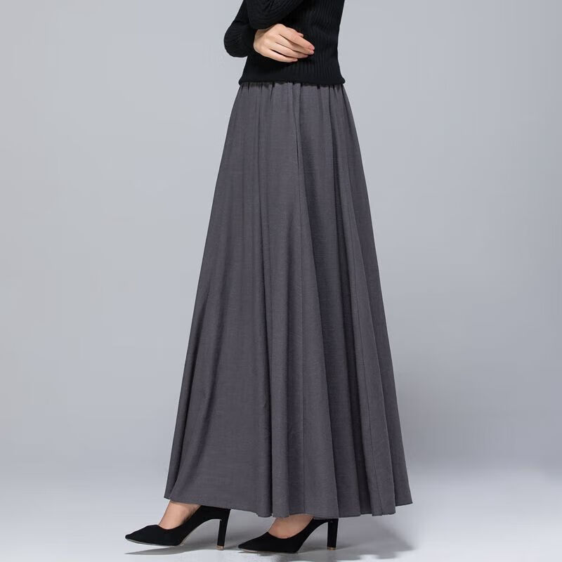 凌2023春秋半身长裙女半身裙大摆酒红显瘦中长款裙子 灰色 棉麻长裙 m