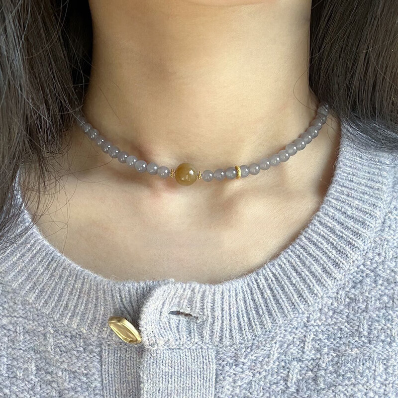 最饰 天然青海料和田玉烟紫小米珠项链 锁骨链烟灰紫罗兰手链两用手串