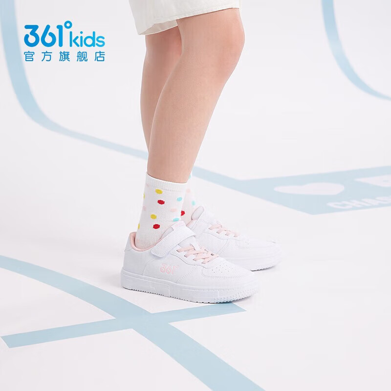 361°童鞋儿童小白鞋男女童板鞋新款小童中大童运动鞋轻便魔术贴 361度白/甜心粉色 33