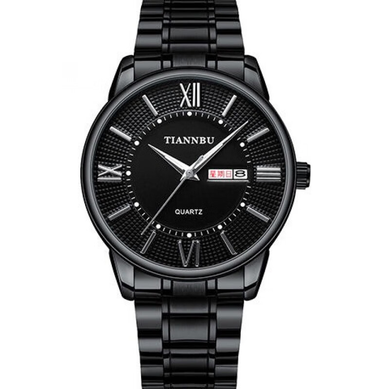 天博手表男士双日历石英表防水夜光男女士钢带表 黑壳黑面钢带男