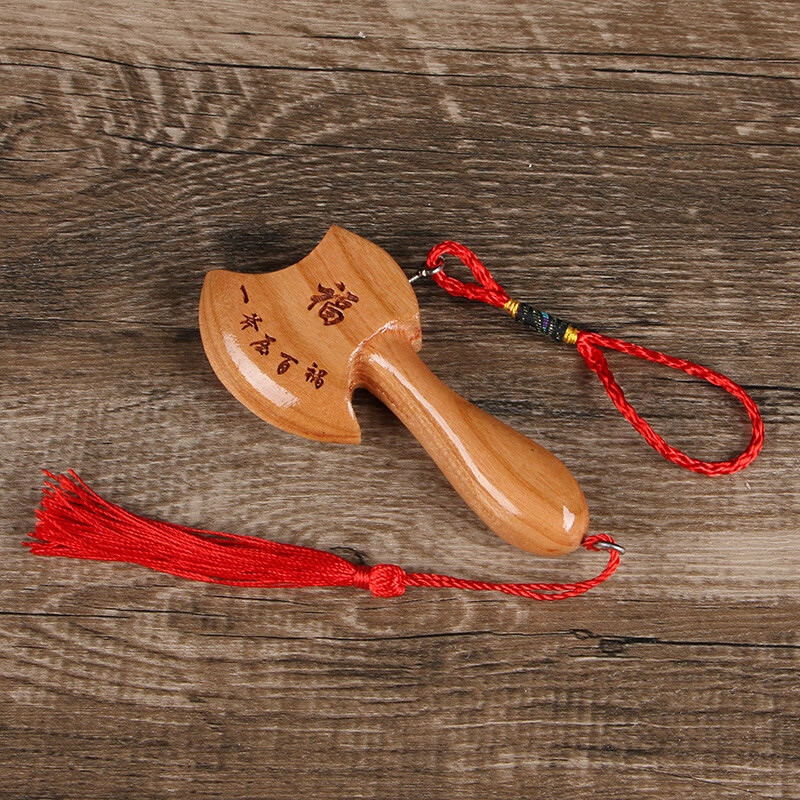 盘道 桃木斧头木雕工艺品家用客厅挂件挂饰带福字桃木 斧子手把件 10