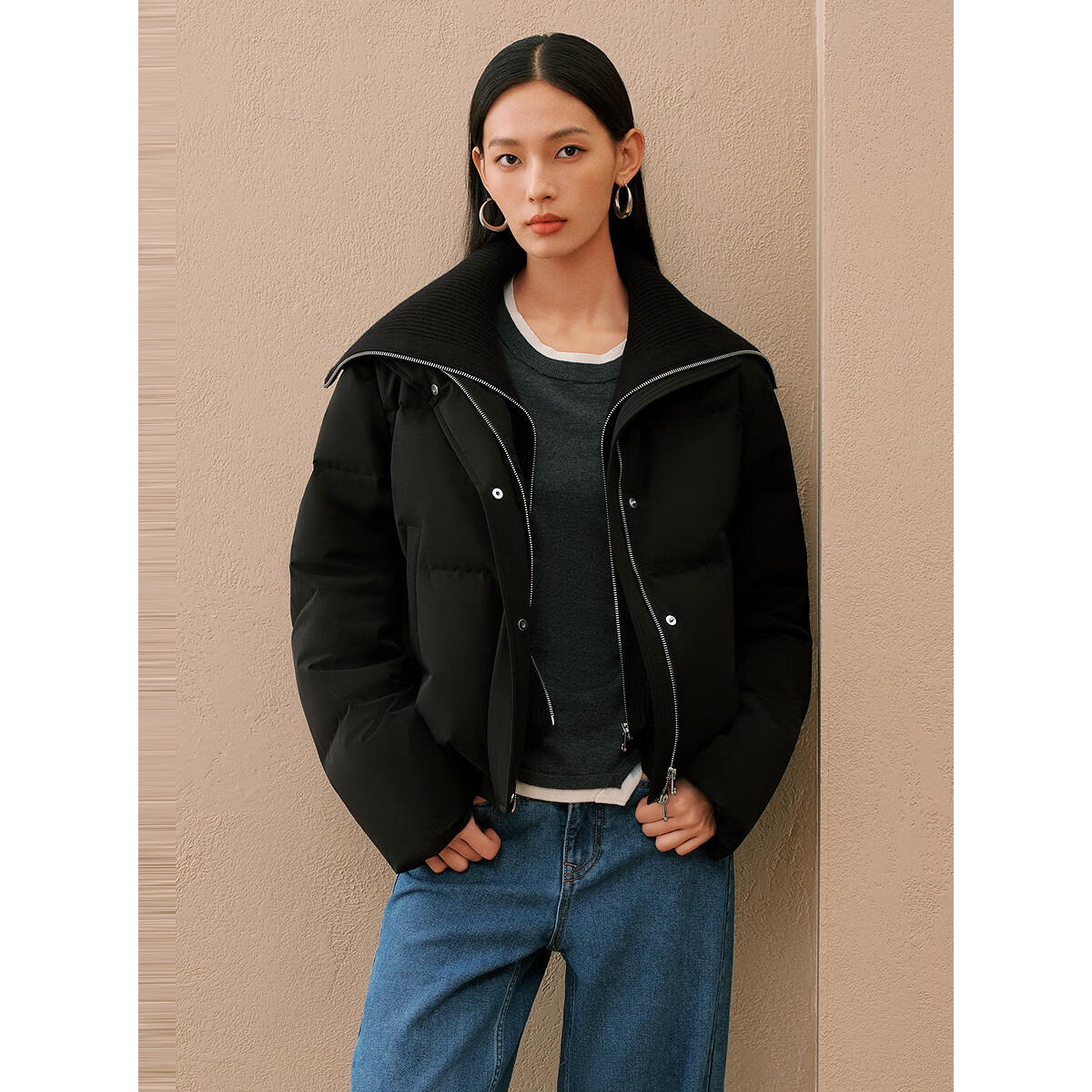 太平鸟女装针织大翻领短羽绒服冬气质小众面包服短外套* 黑色 M