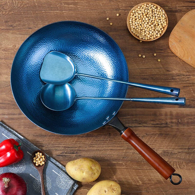 阎铁匠章丘炒锅铁锅已开锅炒菜锅无涂层物理不粘锅老式圆底正品旗舰店 锤印款木把把手34CM 34cm 圆底炒锅