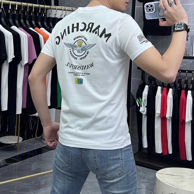 新款老鹰字母刺绣丝光棉修身半袖体恤潮 白色 短袖c330绣皇冠飞鹰款 l