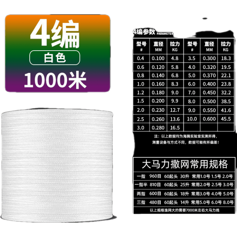 轅駒大力馬魚線主線1000米拉力9編織漁網(wǎng)線路亞子線pe線 四編1000米(白色) 0.4號